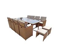 CONCEPT USINE - Salon de Jardin Florida 12 Personnes en Résine Tressée Naturel - 1 Table en Verre - 8 Fauteuils - 4 Poufs - Coussins Beige - Encastrable et Résistant