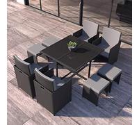 CONCEPT USINE - Salon De Jardin Florida 8 Personnes en Résine Tressée Noir - 1 Table en Verre - 4 Fauteuils - 4 Poufs - Coussins Gris Foncé - Encastrable, Résistant, Imperméable