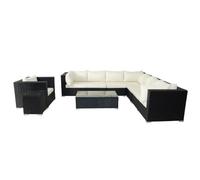 CONCEPT USINE | Salon de Jardin Panoramique 8 Places SALENTO 2 en Résine Tressée Noire | 2 Tables + Fauteuil | Coussins Blancs Déperlants Ultra Confort | Structure Aluminium | Modulable & Élégant