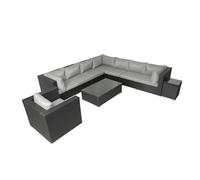 CONCEPT USINE | Salon de Jardin Panoramique 8 Places SALENTO 2 en Résine Tressée Noire | 2 Tables + Fauteuil | Coussins Gris Déperlants Ultra Confort | Structure Aluminium | Modulable & Élégant