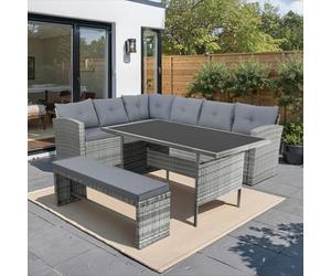 CONCEPT USINE | Salon de Jardin Repas 8 Places Moorea Gris | Canapé d’Angle + Banc + Table Rectangulaire Verre Trempé | Résine Tressée & Acier | Coussins Déhoussables Confort 5 cm | Design Moderne