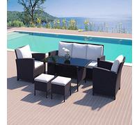 CONCEPT USINE | Salon de Jardin Repas en Résine Tréssée 7 Places | Design Modena Noir/Blanc | Elégant, Confortable et Polyvalent | 1 Table, 1 Canapé, 2 Fauteuils, 2 Poufs | Jardin, Balcon ou Terrasse