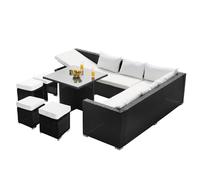 CONCEPT USINE | Salon de Jardin Samoa Encastrable 10 Places | Résine Tressée 4 Fils Noir | Table Haute en Verre Trempé | Canapé d'angle Inclinable avec Coffre de Rangement | 4 Poufs et Coussins