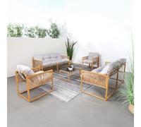 CONCEPT USINE | Salon de Jardin TURINI 8 Places Effet Rotin Naturel | 2 Canapés 3 Places + 2 Fauteuils + Table Verre Trempé | Coussins Gris Clair 12 cm Déperlants | Acier Anti-Corrosion
