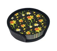 Conception d'arrière-Plan Transparente avec des Fleurs de Jonquille,Lot de 6 Dessous de Verre Ronds en Cuir synthétique avec Support pour la Maison, Le Bureau et la Cuisine
