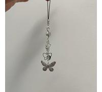Conception originale de style Y2K Chaîne de breloque avec perles métalliques argent et noir en forme de papillon, convient pour sac, téléphone, porte-clés, collier 2 sangles de téléphone papillon,2 co