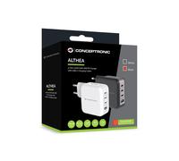 Conceptronic Chargeur USB PD GaN 4 ports 100 W avec câble USB‑C, USB‑C x3, USB‑A x1, QC 3.0, PPS