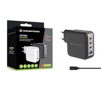Conceptronic Chargeur USB PD GaN 4 ports 100 W avec câble USB‑C, USB‑C x3, USB‑A x1, QC 3.0, PPS