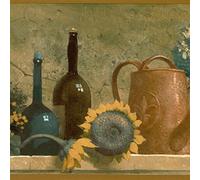 CONCORD WALLCOVERINGS Papier Peint Bordure Motif Vintage Corbeille De Fruits Bouquet Fleurs Bouteilles De Vin Pour Cottage Cuisine Salle À Manger, Beige Vert Jaune, 15 Pieds Par 9 Pouces TK78269