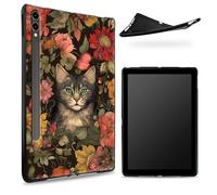 Conçu pour Samsung Galaxy Tab S7/S8 SM -X700/X706/T870/T875/T878, dos en caoutchouc TPU mat avec fleurs chat de jardin, coque fine en caoutchouc souple en silicone avec porte-stylo S