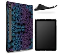 Conçu pour Samsung Galaxy Tab S7/S8 SM -X700/X706/T870/T875/T878, dos en caoutchouc TPU mat avec mandala violet bleu, coque fine en silicone souple avec porte-stylo S