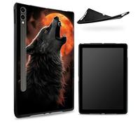 Conçu pour Samsung Galaxy Tab S7/S8 SM -X700/X706/T870/T875/T878, dos en caoutchouc TPU mat avec pleine lune rouge loup, coque fine en silicone souple avec porte-stylo S
