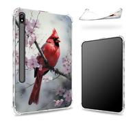 Conçue pour Samsung Galaxy Tab S8 Plus 2022/S7 FE 2021/S7 Plus 2020 12,5" avec porte-stylo S, dos transparent avec oiseaux rouges et fleurs Sakura rouge, coque antichoc fine en TPU souple