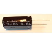 Condensateur Électrolytique Aluminium, 100uF 450V, 18 x 40 mm, Fils Radiaux, 105°C.