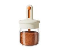 Condiment Jar Glass, Kitchen Storage Pot, 275ml Food Container Transparent Lidded Jar, Telescopic Spoon Included Tea Leaves Holder Pepper Sugar Keeper Kitchen Counter Use 5.91x2.95x2.95 Inches