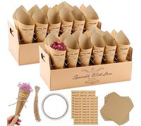 Cône de Confettis de Mariage, 60 Pcs Cône de Papier Kraft de Mariage et 2 Pcs 30 Trous Boîte à Cône en Papier Kraft, Set de Cône en Papier pour Décoration de Mariage, avec Ficelles et Autocollants
