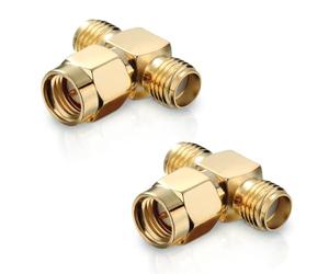 Conecto Adaptateur SMA en T - 1 Fiche avec Broche vers 2 Prises sans Broche - Pour Étendre les Connexions SMA - Plaqué Or - Lot de 2