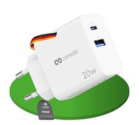 Conecto Chargeur USB-C et USB-A, 2 Ports, 20W PD + 18W, Chargeur Rapide pour Téléphone Portable, Détection Automatique du Courant, Blanc