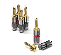 conecto Fiches bananes haut de gamme, pour tous les câbles d'enceintes d'un diamètre maximum de 6 mm², 4 pièces avec anneau de couleur tout autour, rouge/noir, fiches plaquées or 24 carats, noir