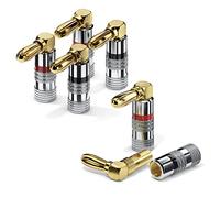 conecto fiches bananes pour câbles d'enceintes, lot de 4, fiche coudée à 90°, plaquées or avec code couleur (2x rouges, 2x noires), plaquées or 24 carats
