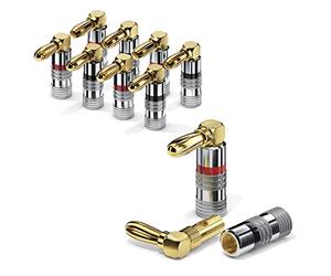 conecto fiches bananes pour câbles d'enceintes, lot de 8, fiche coudée à 90°, plaquées or avec code couleur (4x rouges, 4x noires), plaquées or 24 carats