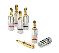 conecto Fiches bananes professionnelles, pour tous les câbles de haut-parleur d'un diamètre maximum de 6 mm², 4 pièces avec anneau coloré tout autour, rouge/noir, fiches plaquées or 24 carats, argent