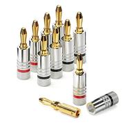 conecto Fiches bananes professionnelles, pour tous les câbles de haut-parleur d'un diamètre maximum de 6 mm², 8 pièces avec anneau coloré tout autour, rouge/noir, fiches plaquées or 24 carats, argent