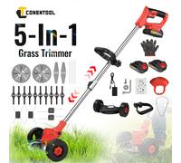 CONENTOOL Tondeuse à gazon sans fil 21V 1500W, débroussailleuse électrique avec roue de support, 5 lames de coupe, tige télescopique pour batterie Makita 18V 2 batteries GreenB
