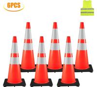 Cônes de sécurité routière - 6 pièces - Cônes de stationnement en PVC - 91,4 cm - Avec 2 collerettes réfléchissantes - 35,6 x 35,6 cm - Base en caoutchouc noir - Pour les routes à niveau d'avertisseme