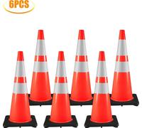 Cônes de sécurité routière, 6 pièces, cônes de stationnement en PVC, 91,4 cm, base 35 x 35 cm, base en caoutchouc noir pour les routes à niveau d'avertissement élevé, chantiers de construction