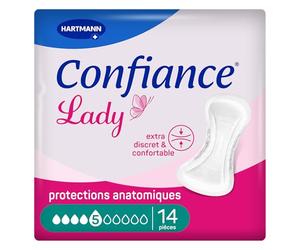 Confiance Lady - Petites Protections Anatomiques Absorbantes pour Femmes - Niveau d'Absorption = 5 gouttes (Fuites Urinaires Moyennes) - pH Neutre à la Peau - 14 Unités