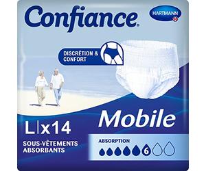 Confiance Mobile - Slips Absorbants pour Hommes et Femmes - Niveau d'Absorption = 6 gouttes (Fuites Urinaires Moyennes) - Discrets et efficaces - pH Neutre à la Peau - Taille L - 14 Unités
