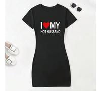 Confortable "J'aime mon beau mari" Slogan Imprimé Manches Courtes Col Rond Mélange de Polyester Tricot Vêtements de Nuit - Polyvalent T-Shirt de Nuit pour Femmes L,M,S,XLNoëlTissu tricoté