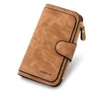 Confozen Portefeuille Femme Cuir PU de Couleur Brune Multi-Poches Double Fermeture avec Une Zip et Un Bouton à Pression Marron