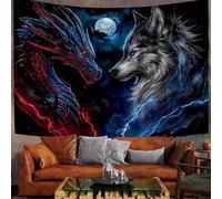 Confrontation Entre Dragon Et Loup Wall Art - 150x130 cm Tapisserie Murale Nocturne Avec Éclairs Grande Tapisseries Poster Décoration Decoration Murales pour Maison Salon Chambre Dortoir - Bleu Foncé