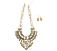 CONGARTENO Ensemble Collier Plastron Court Vintage avec Breloques Pièces de Monnaie et Pompon Bohème Chaîne Épaisse Dorée Boucles D’Oreilles Ethniques Assorties Bijou Statement Femme pour