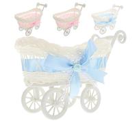 CONGARTENO Panier Tressé Imitation Rotin de Mini-Poussette 4 Pièces Bleu et Rose Décoration Shower Bébé Chariot à Bonbons Compact pour Fête D’Anniversaire et Souvenirs de Révélation
