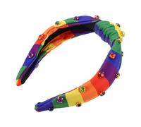 CONGARTENO Rainbow Striped Headband With Rhinestones Non-slip Soft Fabric Hair Hoop For Women Wide Knotted Pride Accessory For Holiday Parties And Everyday Wear