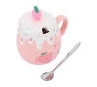 CONGARTENO Tasse Céramique Fraise avec Couvercle et Cuillère Mug Polyvalent pour Café et Thé Design Romantique Rose pour Couple Usage Maison et Bureau