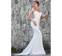 CongMing-huajia Mariage de La Mariée Robe À Manches Longues Style Robe de Mariée V - Neck Romantique Longue Robe de Pêche Élégante Blanc White 44