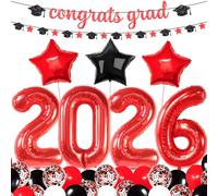 Congrats Grad Bannière à paillettes avec ensemble de ballons 2024, rouge