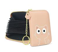 conisy Mignon Porte Cartes de Crédit en Cuir pour Femmes, Protection RFID Petit Portefeuille Fermeture Eclair avec Porte-clés (Chaton Rose)