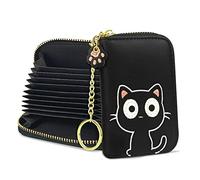 conisy Mignon Porte Cartes de Crédit en Cuir pour Femmes, Protection RFID Petit Portefeuille Fermeture Eclair avec Porte-clés (Chat Noir)