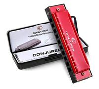 CONJURER Blues Harmonica pour Enfants dultes Débutants, 10 trous Harmonica diatonique e C, Brasse Anches Métal Orgue à bouche C Key Harpe de blues avec étui, Rouge