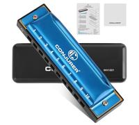 CONJURER - Harmonica Blues pour débutants adultes à 10 trous en C pour la pratique et le jeu, harmonica diatonique en laiton avec bouche en métal, avec étui, bleu