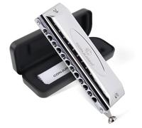 CONJURER Harmonica chromatique sans valve pour adultes débutants professionnels - Harmonica à 12 trous en Do en acier inoxydable avec anche en laiton dans un étui, clé en do argenté