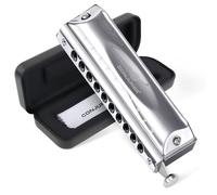 CONJURER Harmonica chromatique sans valve pour enfants, adultes, débutants, 10 trous, clé de do, orgue à bouche en acier inoxydable avec anche en laiton dans un étui, clé en do argenté