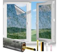 Conkov Film Fenetre Anti Regard sans Colle, Bon Effet Miroir Anti UV Chaleur, Protection de la Vie Privée Protéger du Soleil pour Maison Bureau Magasin, Motif Feuille Verte, 90 x 200 cm avec Outils