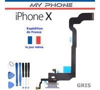 Connecteur De Charge Apple Iphone X / 10 Gris+ Microphone - Dock Port Micro Usb Nappe Flex + Kit 8 Outils