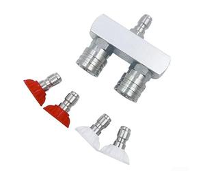 Connecteur de tuyau d'arrosage double buse en alliage d'aluminium pour lavage de voiture, patio et nettoyage de meubles d'extérieur - 8 x 7,5 cm, argent, 1 pièce (tige de collecte + buses)